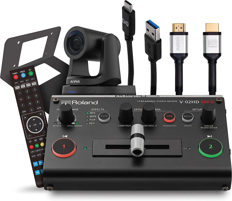 Roland PTZ-1G-V02 PTZ Camera Bundle with V-02HD MKII w/ Roland Accessory Cables, Grey