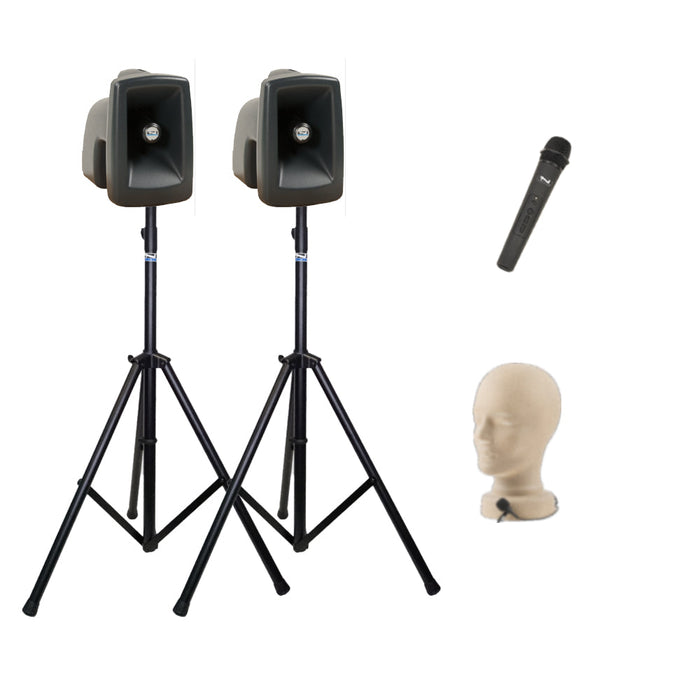 Anchor Audio MegaVox Pair (U2, COMP), 2 Wireless Mics: Beltpack/Lapel WB-LINK & LM-LINK, speaker cable & stands