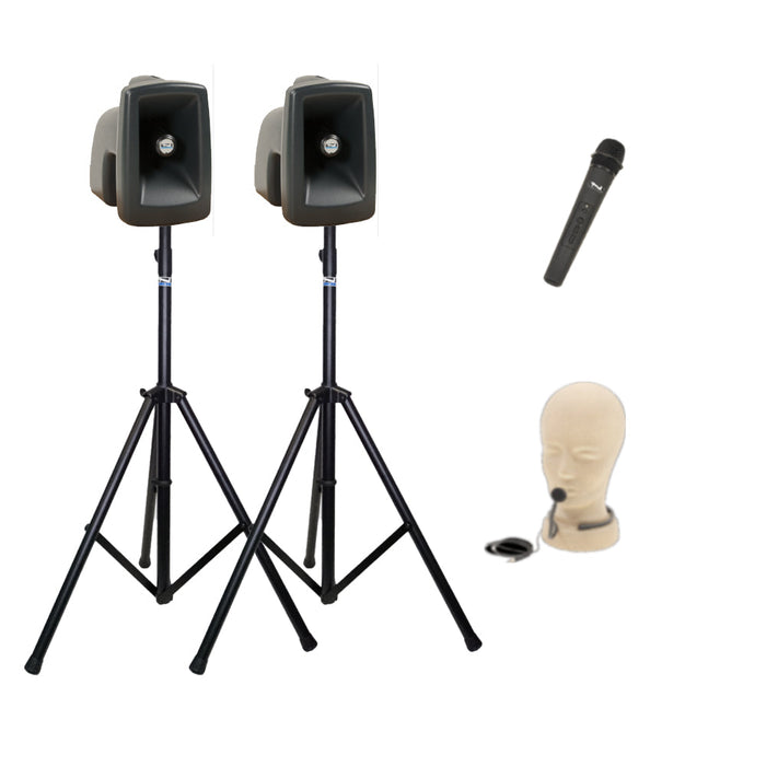 Anchor Audio MegaVox Pair (U2, COMP), 2 Wireless Mics: Beltpack/Lapel WB-LINK & LM-LINK, speaker cable & stands