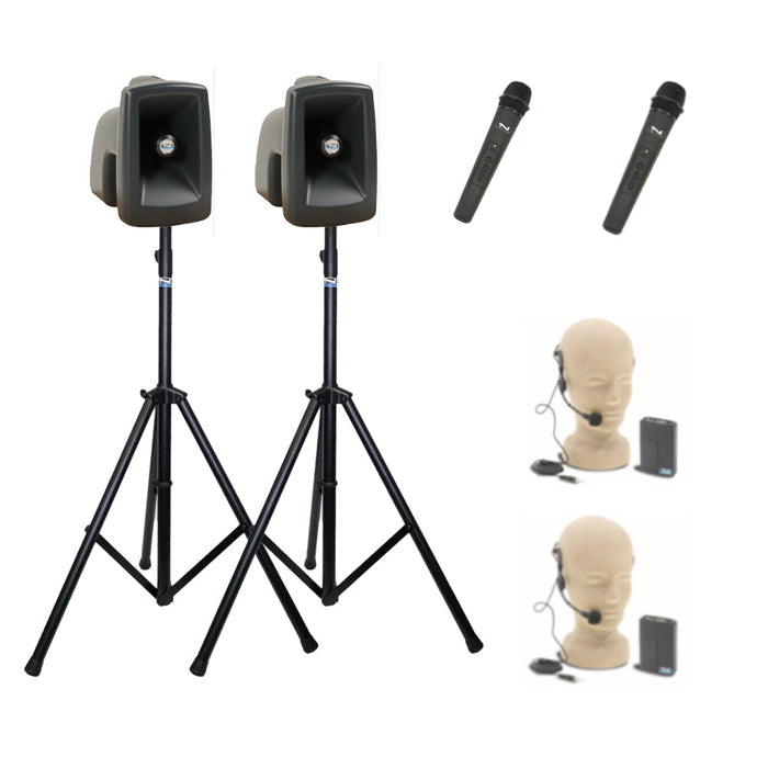 Anchor Audio MegaVox Pair (XU4,AIR), Anchor-Air & 4 wireless mics: combo Handheld WH-LINK / Beltpack/Lapel WB-LINK & LM-LINK & stands