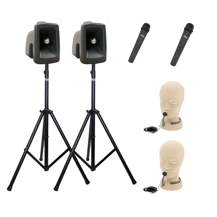Anchor Audio MegaVox Pair (XU4,AIR), Anchor-Air & 4 wireless mics: combo Handheld WH-LINK / Beltpack/Lapel WB-LINK & LM-LINK & stands