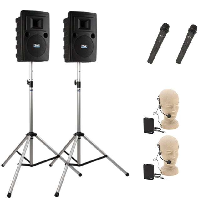 Anchor Audio Liberty Pair (U4, COMP), 4 wireless mics: combo Handheld WHLINK / Beltpack/Headband WB-LINK & HBM-LINK, speaker cable & stands