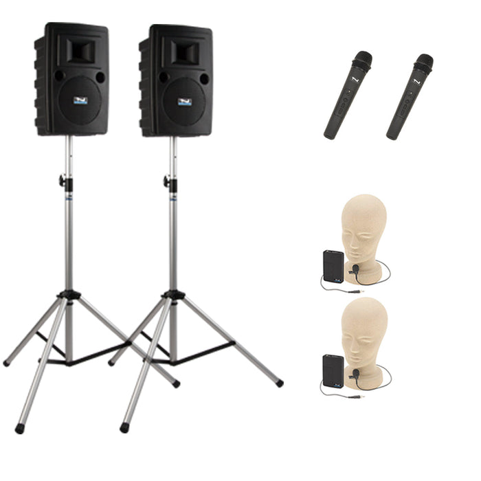 Anchor Audio Liberty Pair (U4, COMP), 4 wireless mics: combo Handheld WHLINK / Beltpack/Headband WB-LINK & HBM-LINK, speaker cable & stands