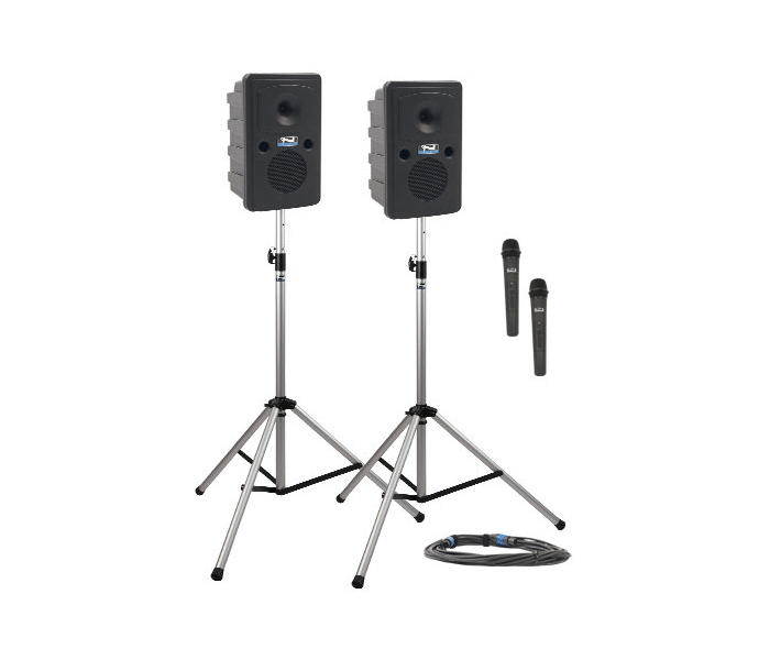 Anchor Audio Go Getter Pair (U2, COMP), 2 wireless mics: 1 Handheld WH-LINK / 1 Beltpack WB-LINK & 1 Lapel/LM-LINK & 1 Headband/HBM-LINK, speaker cable & stands,same as GG-DP2-HB