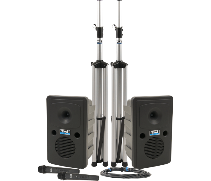 Anchor Audio Go Getter Pair (U2, COMP), 2 wireless mics: 1 Handheld WH-LINK / 1 Beltpack WB-LINK & 1 Lapel/LM-LINK & 1 Headband/HBM-LINK, speaker cable & stands,same as GG-DP2-HB