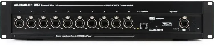 Allen & Heath AH-ME-U 10 port PoE Monitor Hub, onboard network port, optional I/O compatible with Dante, Waves SG, MADI, Aviom A-Net2, Plug and Play with Allen & Heath Qu, SQ, Avantis and dLive Consoles